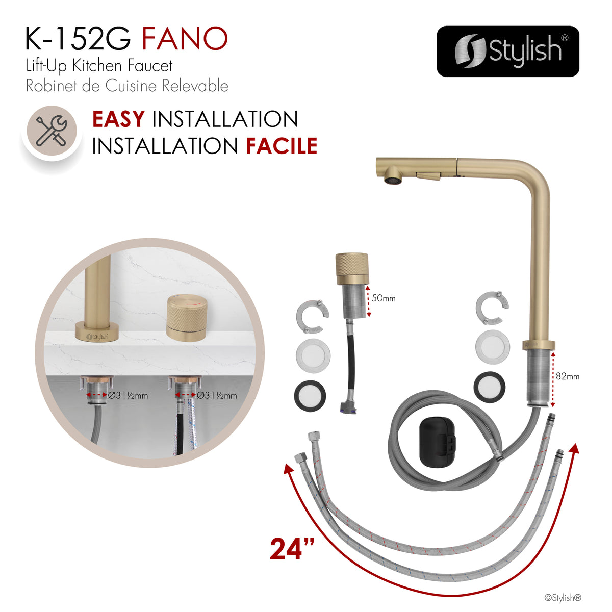 Stylish Fano Single Handle Lift-Up Kitchen Faucet Brushed Gold K-152G