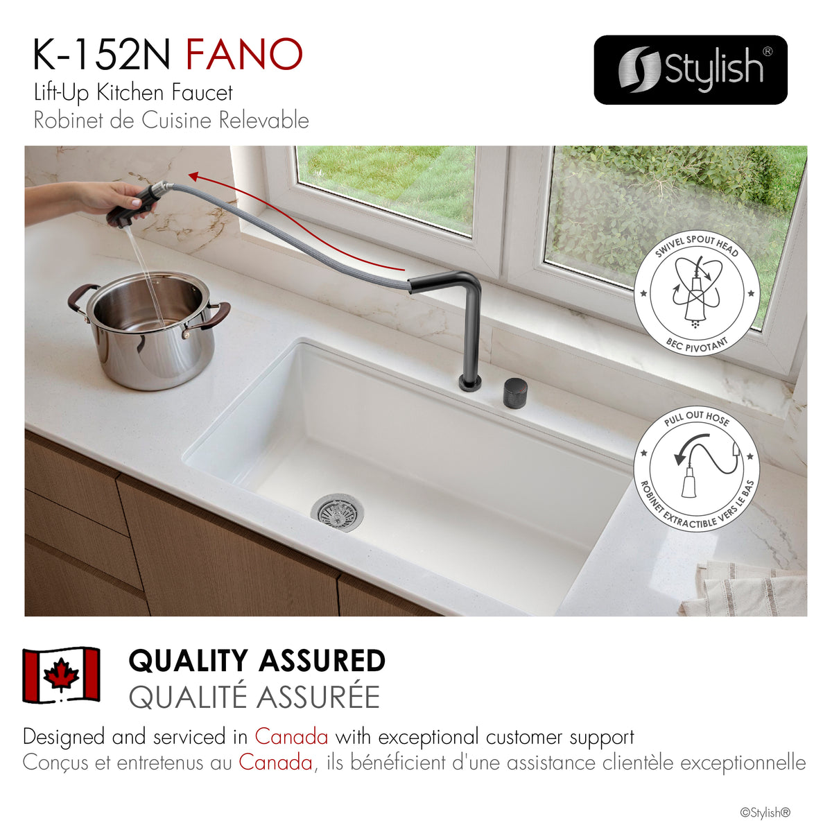 Stylish Fano Single Handle Lift-Up Kitchen Faucet Matte Black K-152N