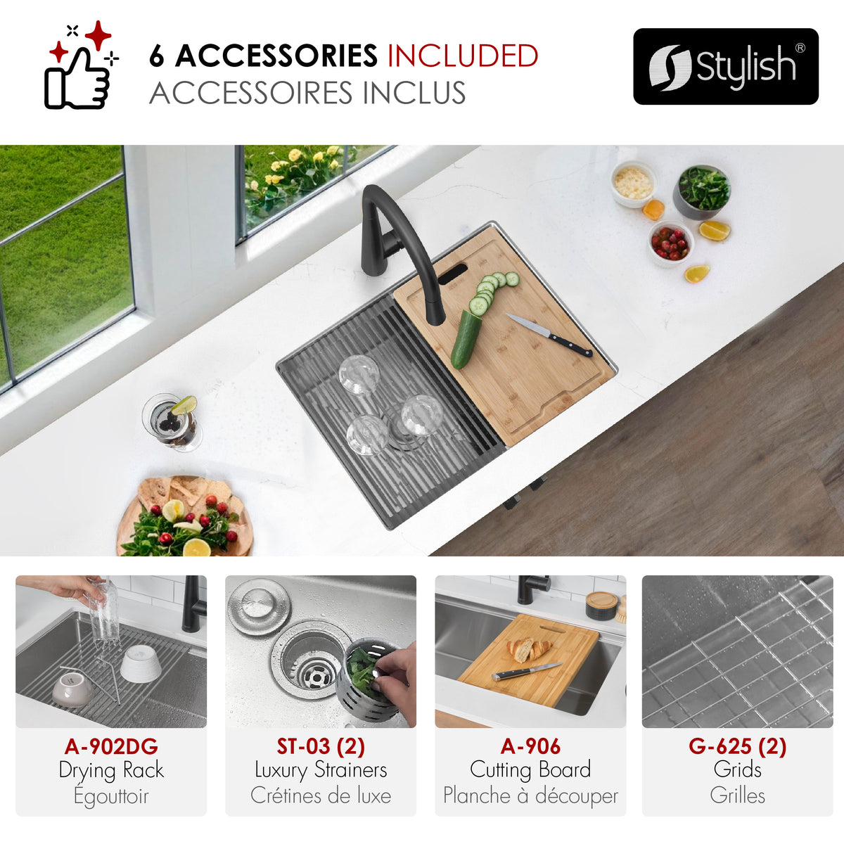 Stylish Versa 25" Workstation 60/40 Double Bowl Undermount 16 Gauge Stainless Steel Kitchen Sink with Accessories Included S-625W
