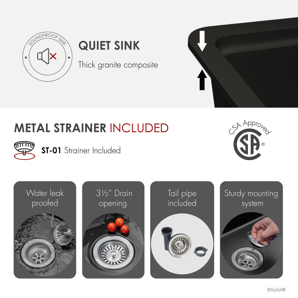 Stylish Canmore 32" Dual Mount Workstation Single Bowl Black Composite Granite Kitchen Sink with Built in Accessories S-832WNK