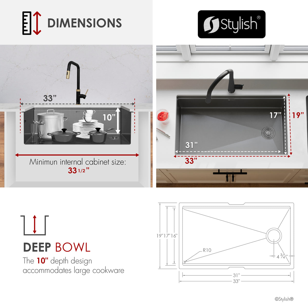 Stylish Onyxo 33" Workstation Single Bowl Undermount 16 Gauge Dura-Tek Kitchen Sink with Black Accessories Included S-733WNK