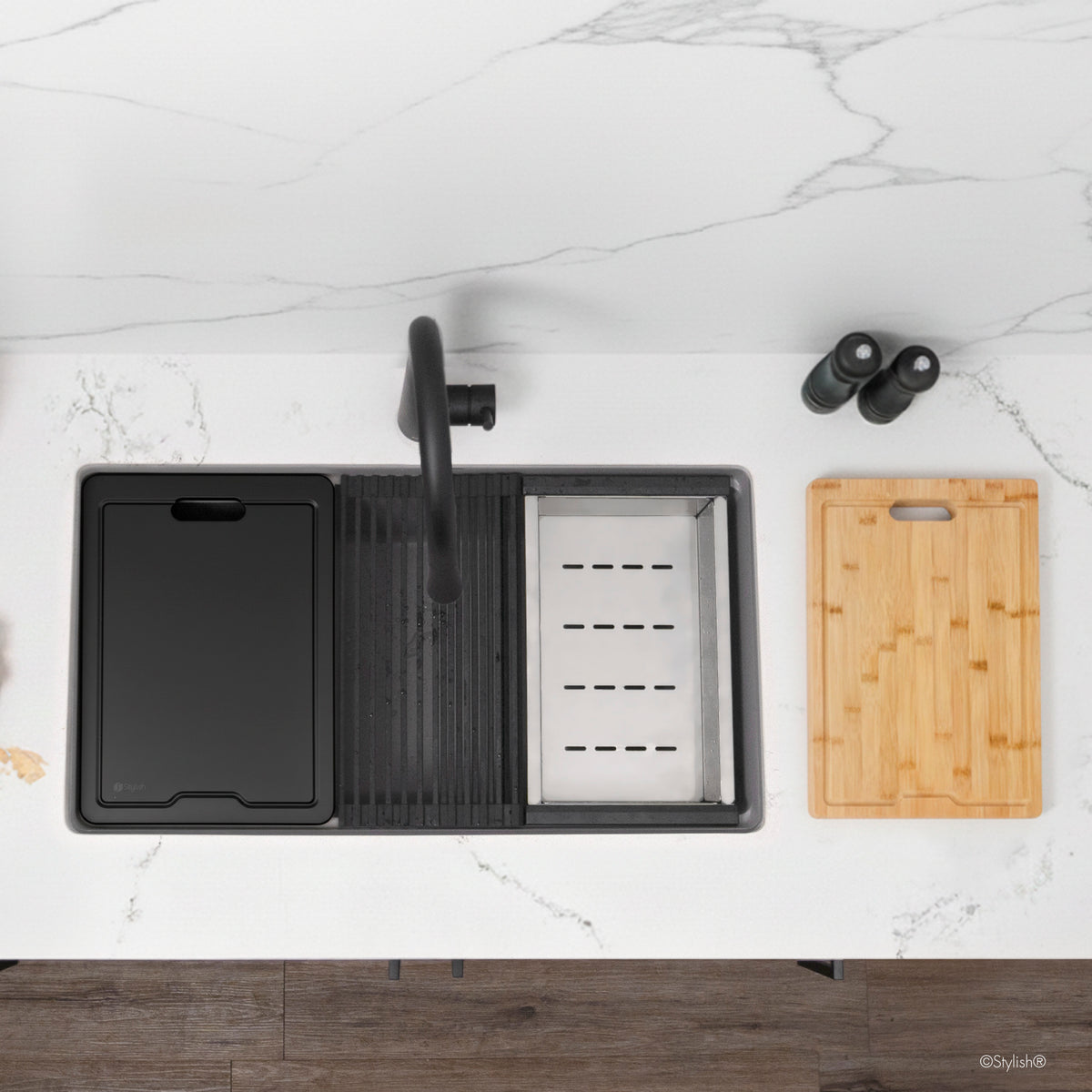 Stylish Canmore 32" Dual Mount Workstation Single Bowl Gray Composite Granite Kitchen Sink with Built in Accessories S-832WLK