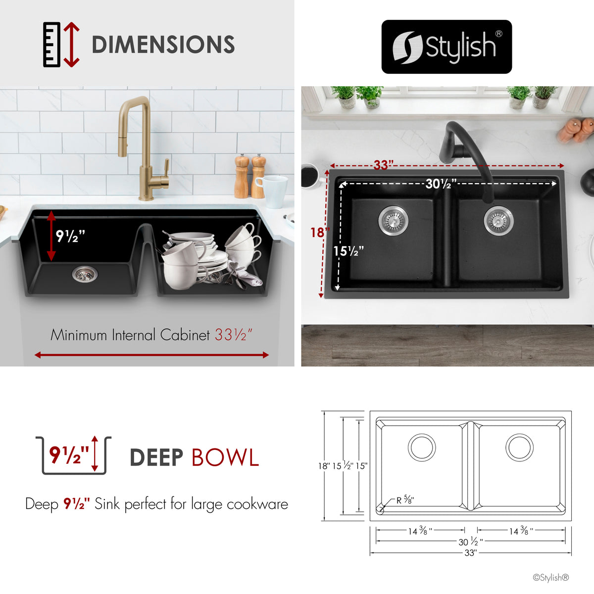 Stylish Banff 33" Dual Mount Workstation Double Bowl Black Composite Granite Kitchen Sink with Built in Accessories S-833WNK