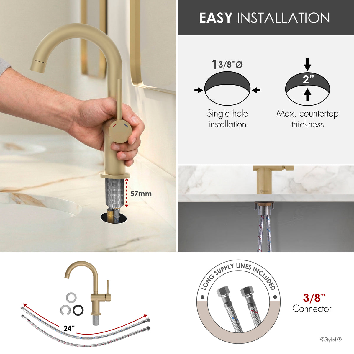 Stylish Alida Bathroom Faucet Single Handle Brushed Gold B-113G