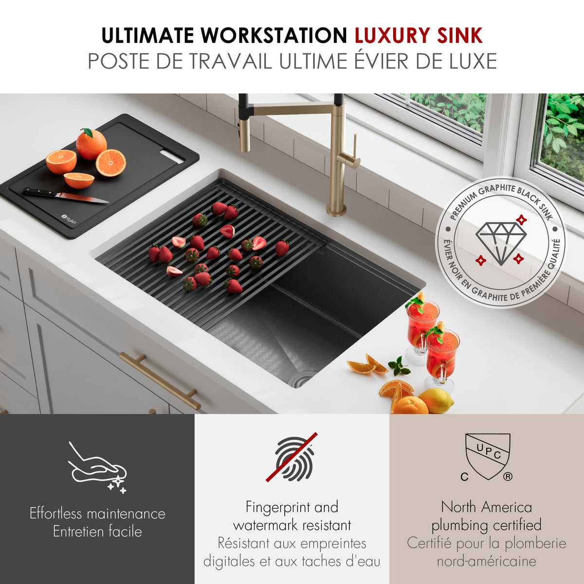 Stylish Onyxo 27" Workstation Single Bowl Undermount 16 Gauge Dura-Tek Kitchen Sink with Black Accessories Included S-727WNK