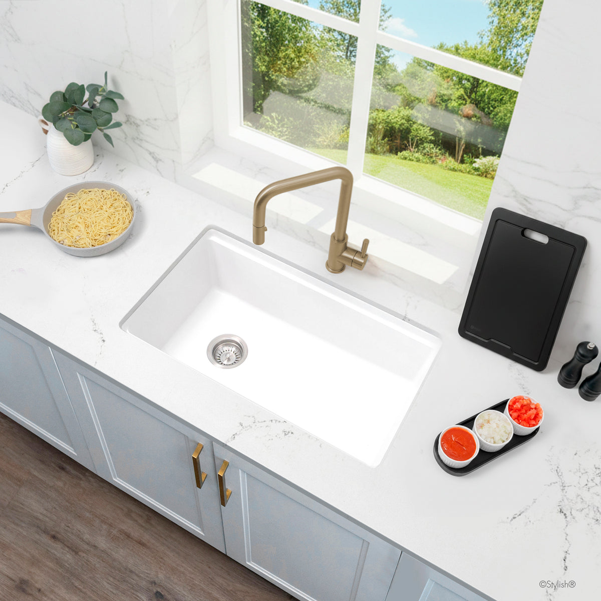 Stylish Canmore 32" Dual Mount Workstation Single Bowl White Composite Granite Kitchen Sink with Built in Accessories S-832WHK
