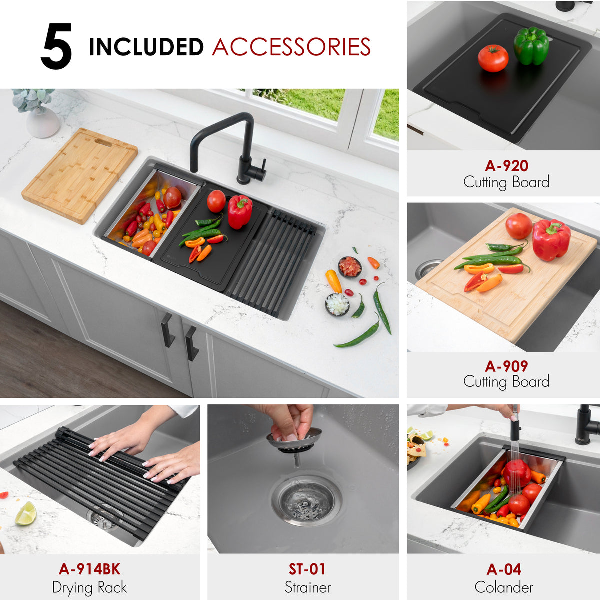 Stylish Canmore 32" Dual Mount Workstation Single Bowl Gray Composite Granite Kitchen Sink with Built in Accessories S-832WLK