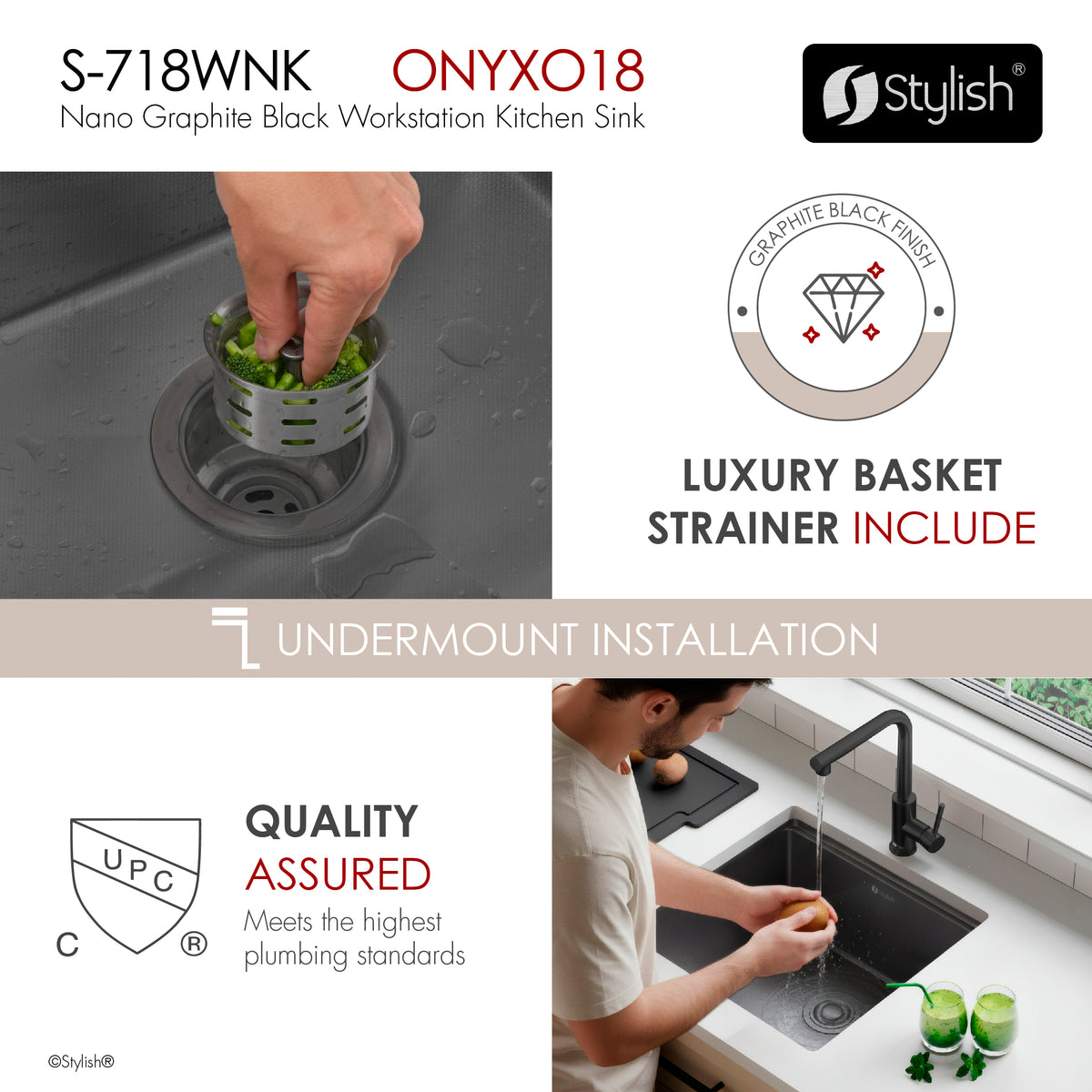 Stylish Onyxo 18" Workstation Single Bowl Undermount 16 Gauge Dura-Tek Kitchen Sink with Black Cutting Board Included S-718WNK