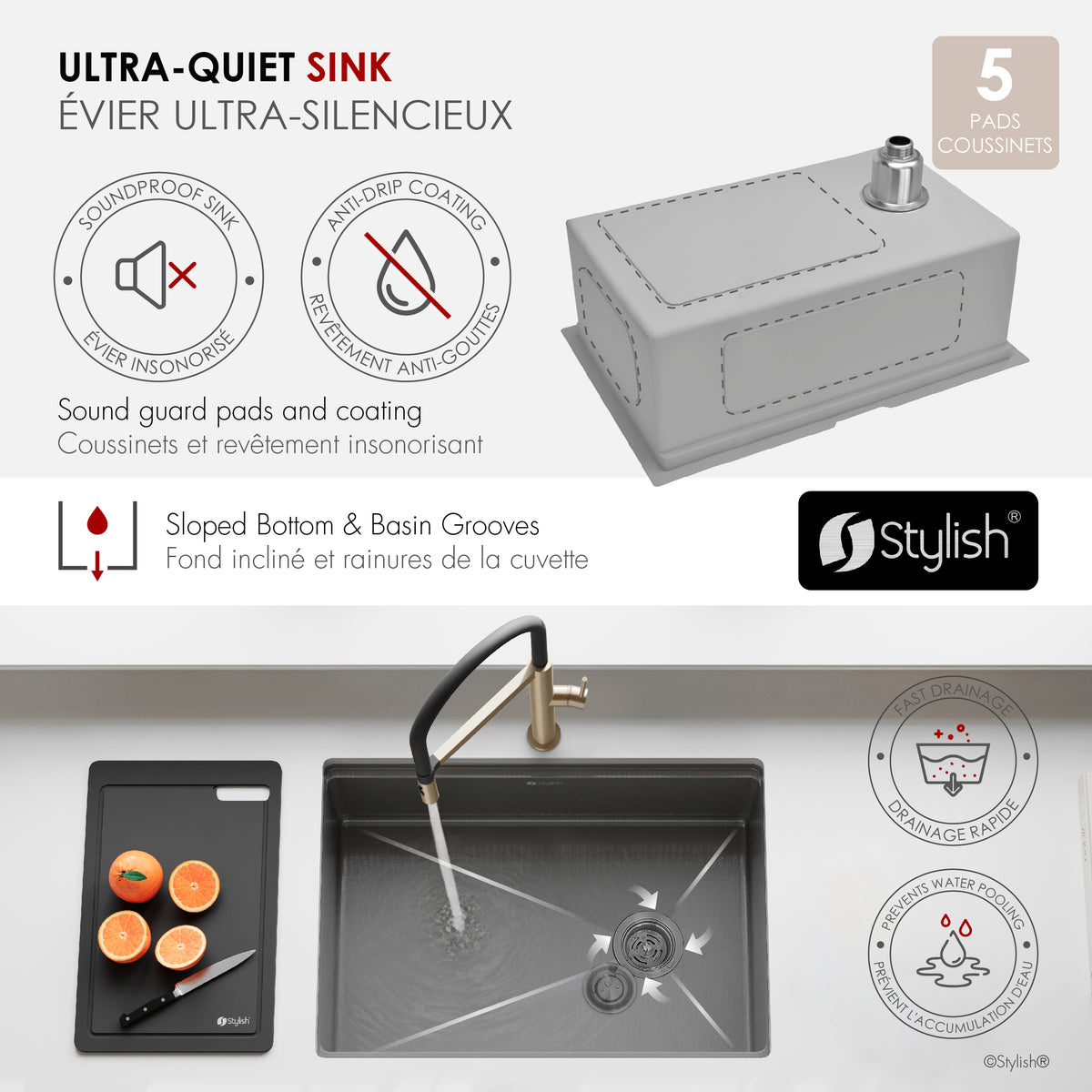 Stylish Onyxo 27" Workstation Single Bowl Undermount 16 Gauge Dura-Tek Kitchen Sink with Black Accessories Included S-727WNK