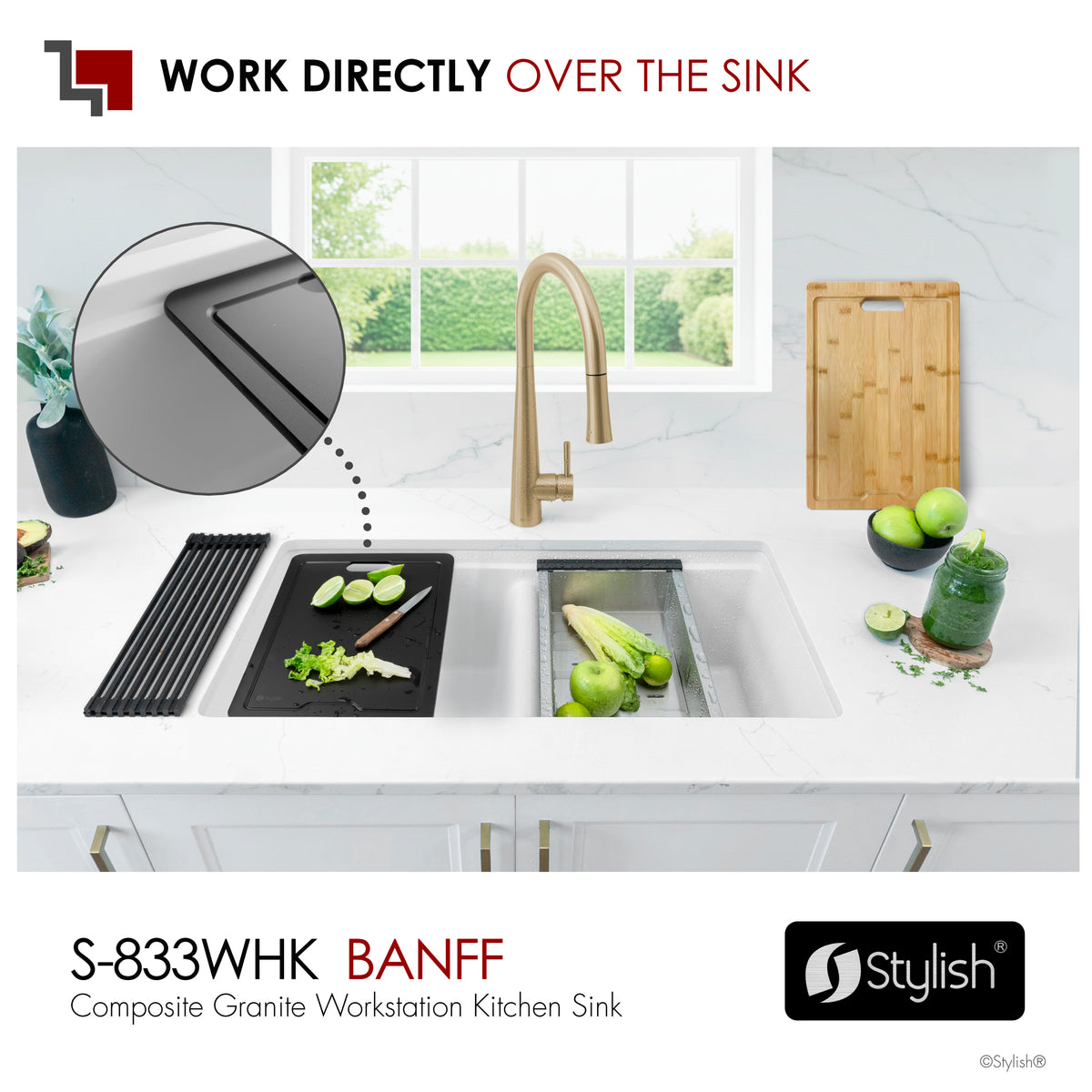 Stylish Banff 33" Dual Mount Workstation Double Bowl White Composite Granite Kitchen Sink with Built in Accessories S-833WHK