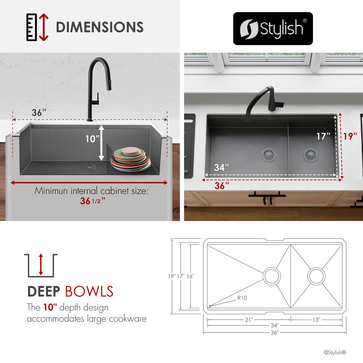 Stylish Onyxo 36" Workstation 60/40 Double Bowl Undermount 16 Gauge Dura-Tek Kitchen Sink with Black Accessories Included S-736WNK