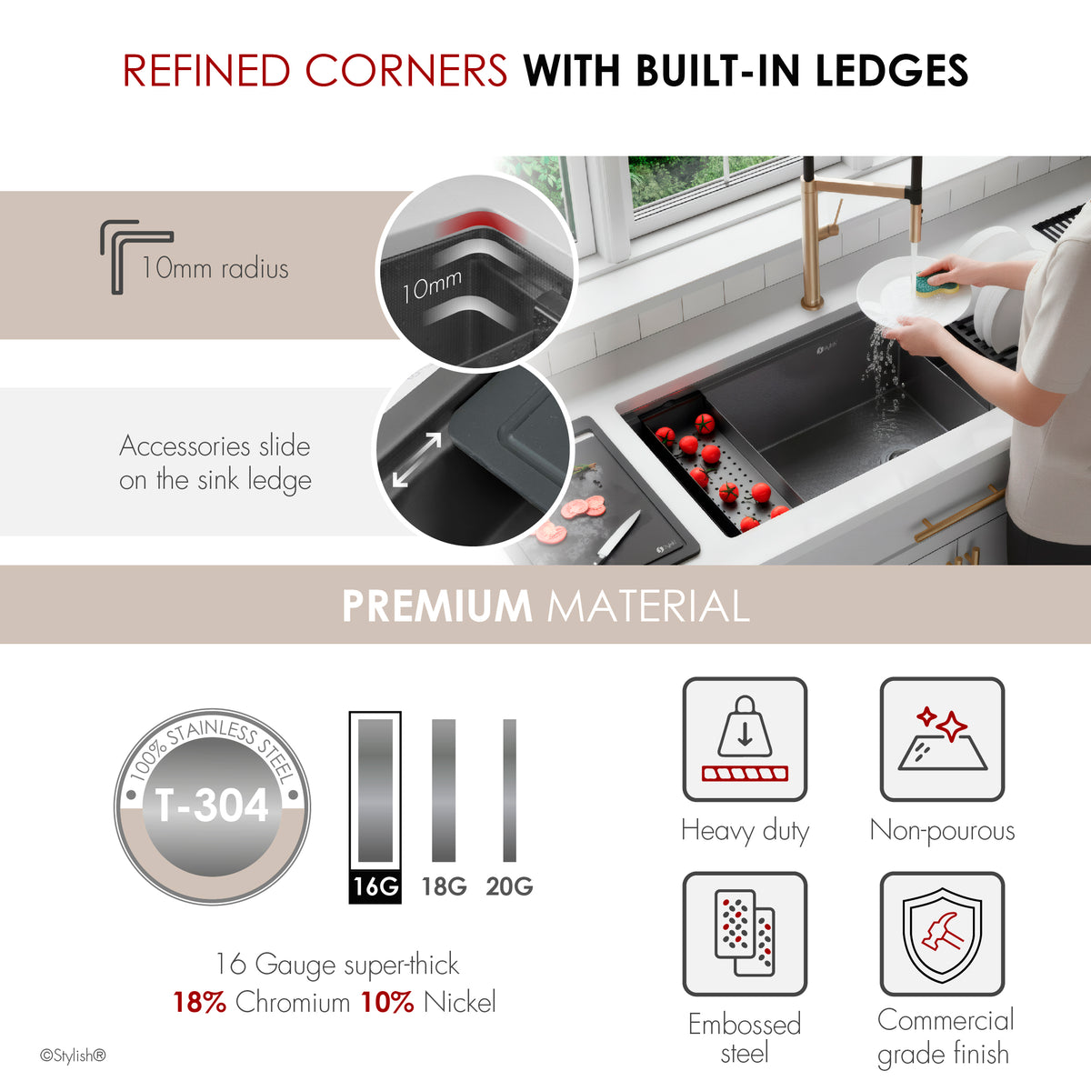 Stylish Onyxo 42" Workstation 70/30 Double Bowl Undermount 16 Gauge Dura-Tek Kitchen Sink with Black Accessories Included S-742WNK