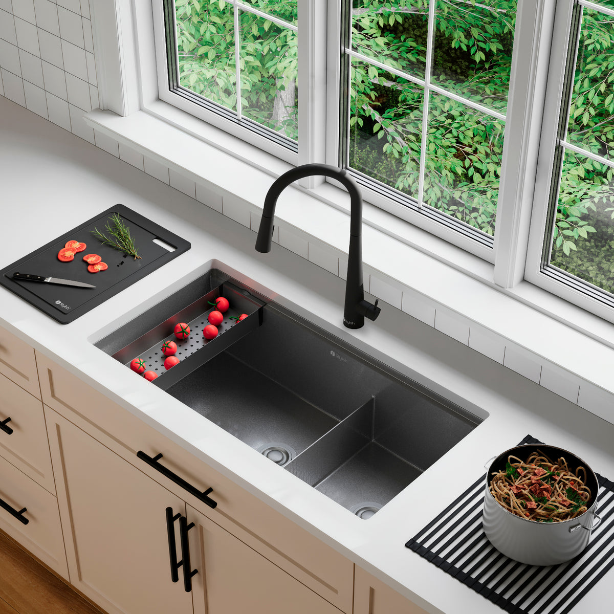 Stylish Onyxo 36" Workstation 60/40 Double Bowl Undermount 16 Gauge Dura-Tek Kitchen Sink with Black Accessories Included S-736WNK
