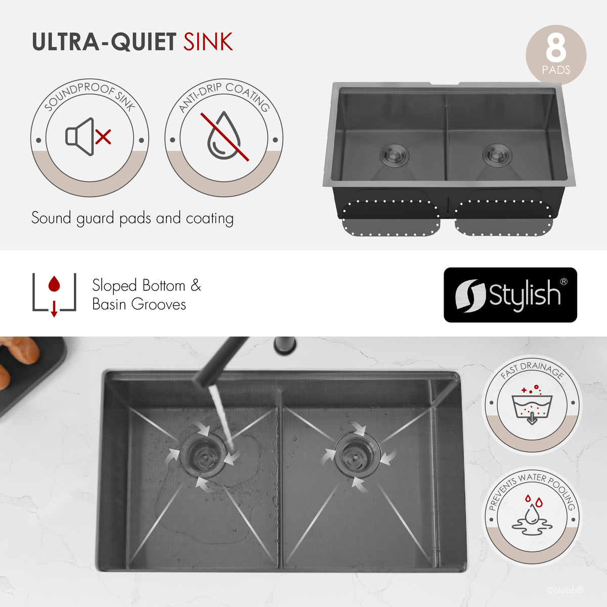 Stylish Onyxo 32" Workstation 50/50 Double Bowl Undermount 16 Gauge Dura-Tek Kitchen Sink with Black Accessories Included S-732WNK