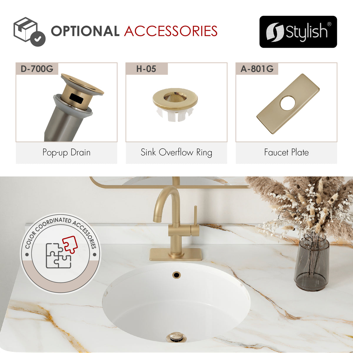 Stylish Alida Bathroom Faucet Single Handle Brushed Gold B-113G