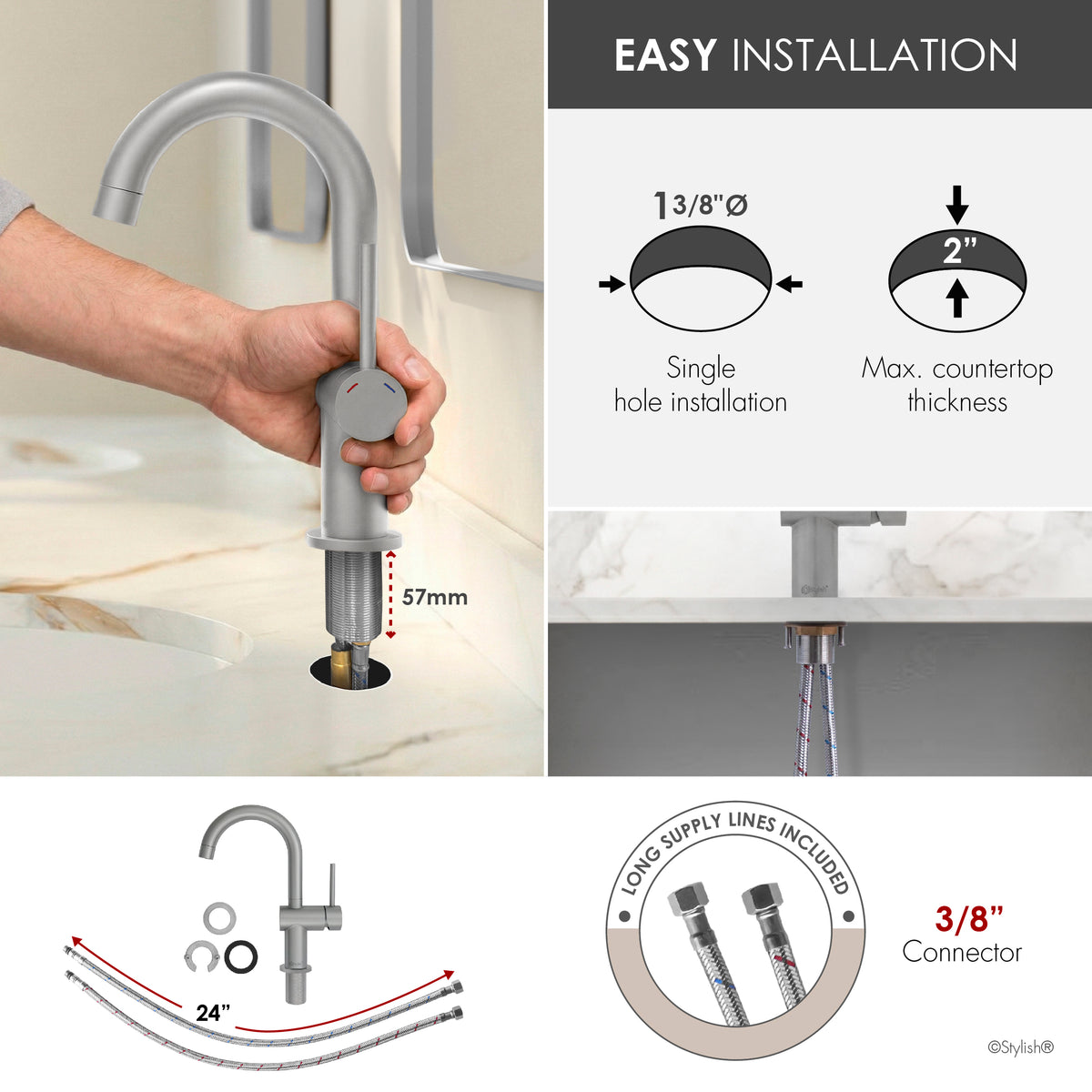 Stylish Alida Bathroom Faucet Single Handle Stainless Steel B-113S