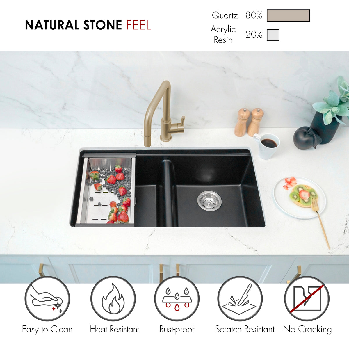 Stylish Banff 33" Dual Mount Workstation Double Bowl Black Composite Granite Kitchen Sink with Built in Accessories S-833WNK
