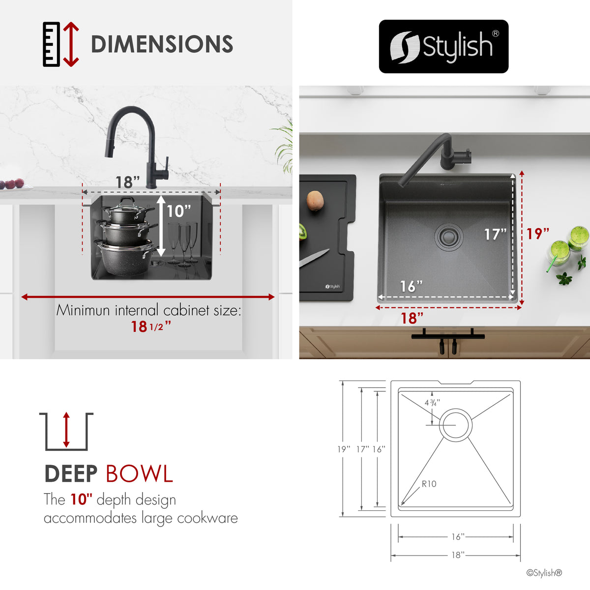 Stylish Onyxo 18" Workstation Single Bowl Undermount 16 Gauge Dura-Tek Kitchen Sink with Black Cutting Board Included S-718WNK