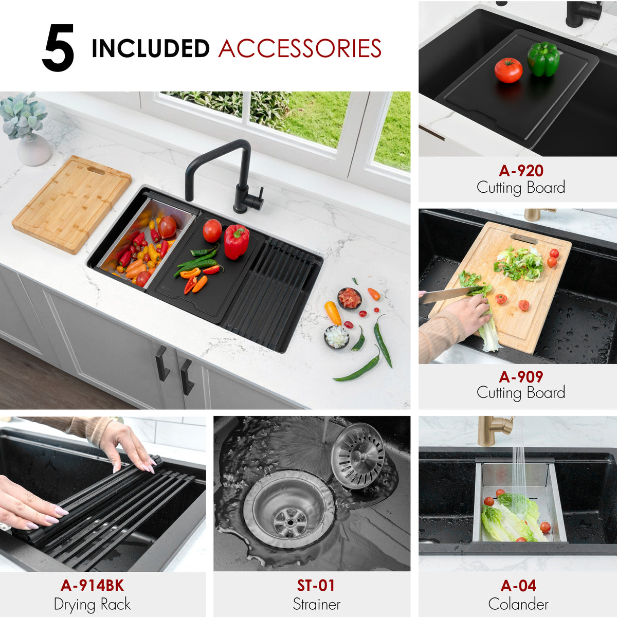 Stylish Canmore 32" Dual Mount Workstation Single Bowl Black Composite Granite Kitchen Sink with Built in Accessories S-832WNK