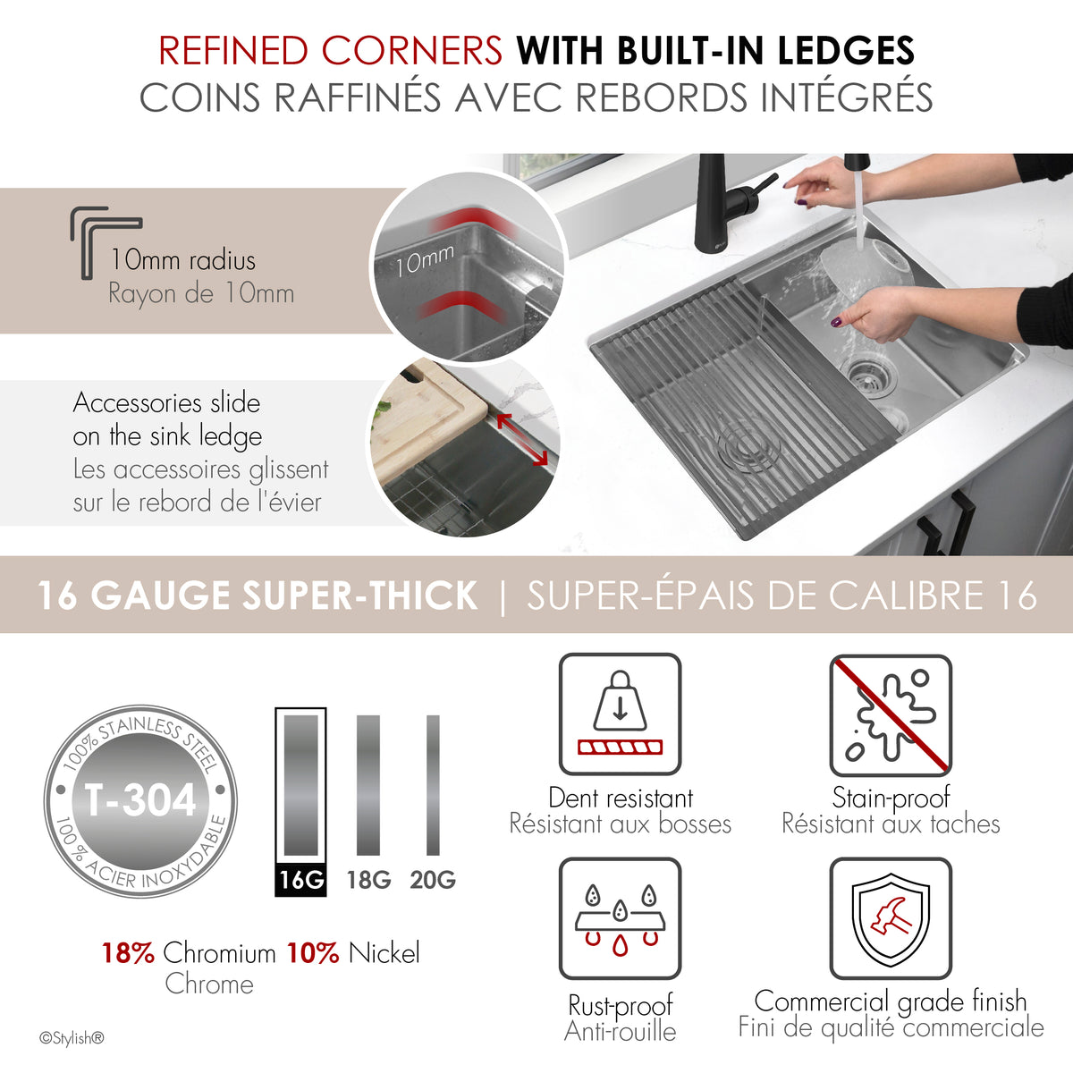 Stylish Versa 25" Workstation 60/40 Double Bowl Undermount 16 Gauge Stainless Steel Kitchen Sink with Accessories Included S-625W