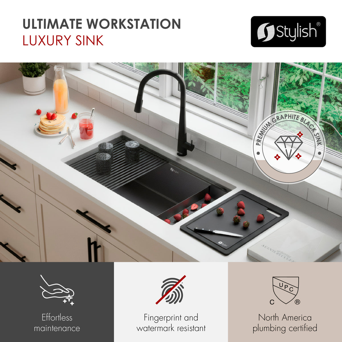 Stylish Onyxo 33" Workstation Single Bowl Undermount 16 Gauge Dura-Tek Kitchen Sink with Black Accessories Included S-733WNK