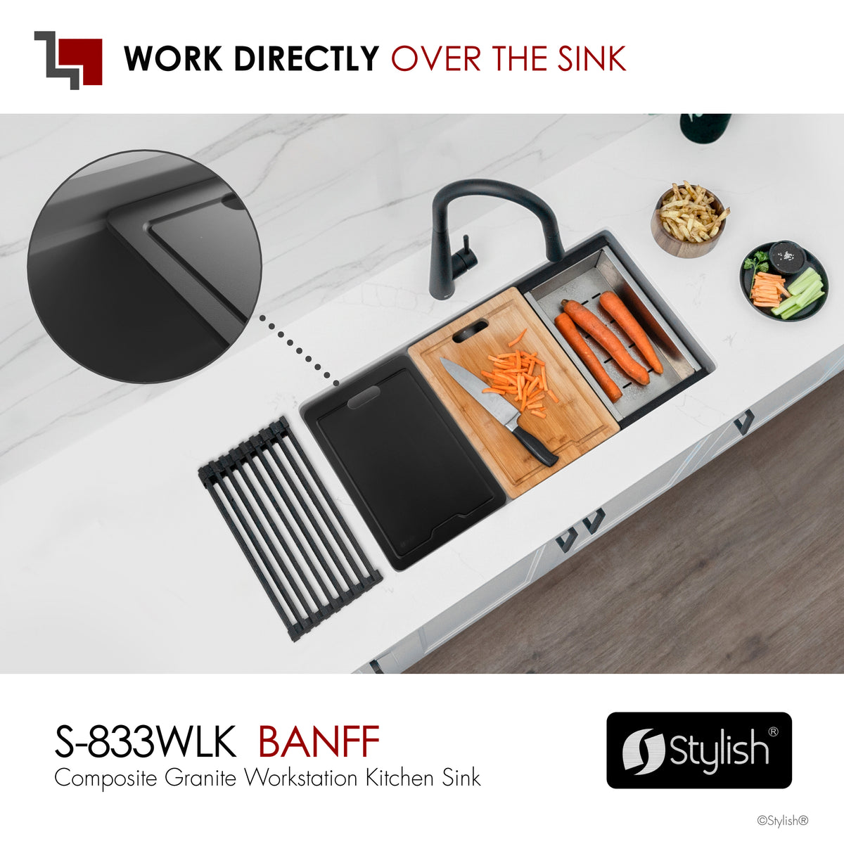Stylish Banff 33" Dual Mount Workstation Double Bowl Gray Composite Granite Kitchen Sink with Built in Accessories S-833WLK