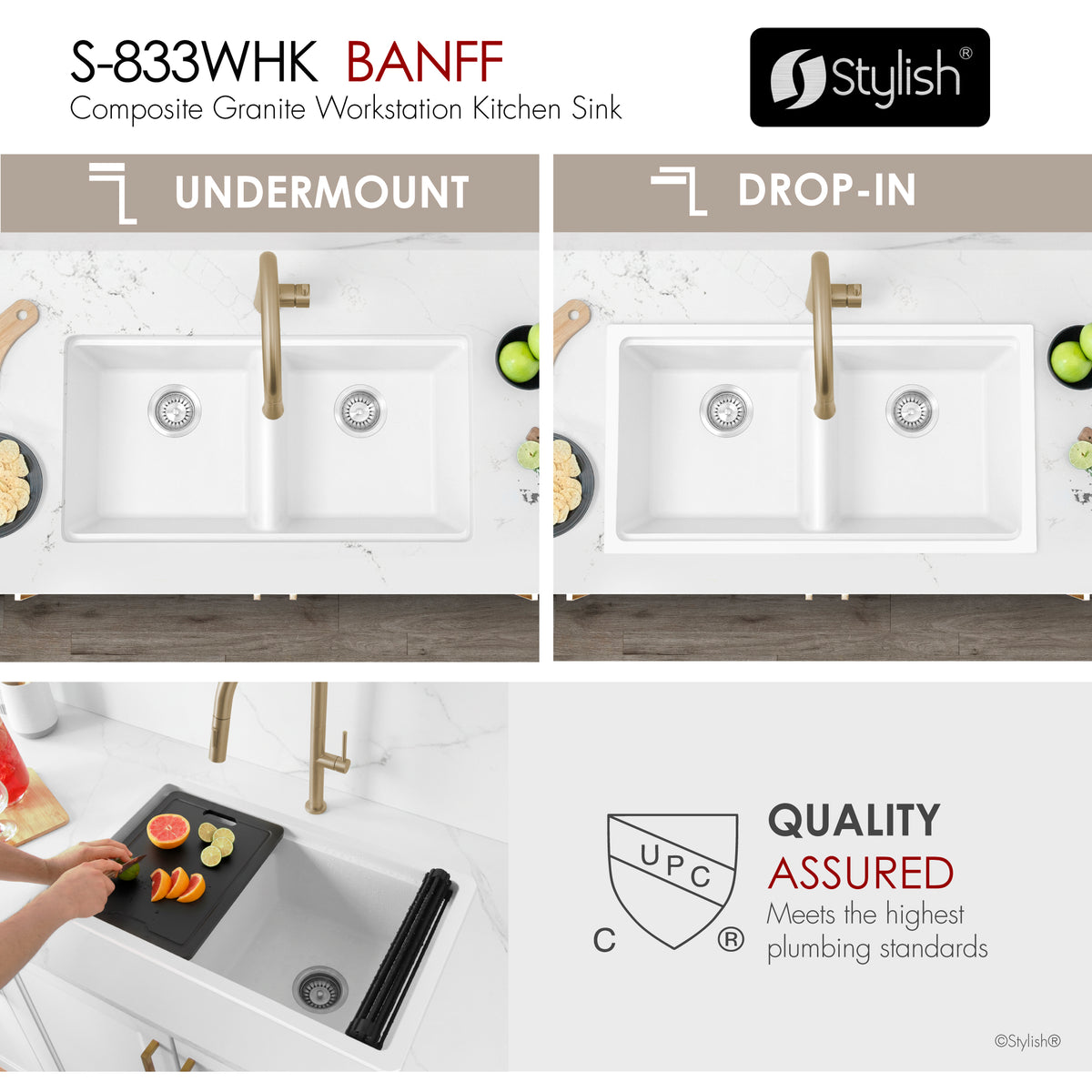 Stylish Banff 33" Dual Mount Workstation Double Bowl White Composite Granite Kitchen Sink with Built in Accessories S-833WHK