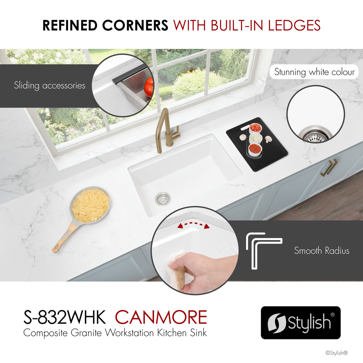Stylish Canmore 32" Dual Mount Workstation Single Bowl White Composite Granite Kitchen Sink with Built in Accessories S-832WHK