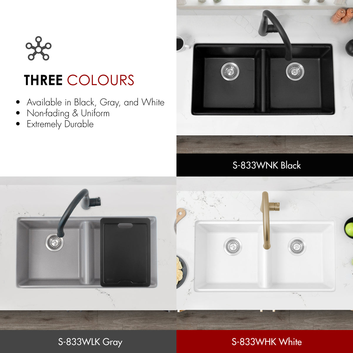 Stylish Banff 33" Dual Mount Workstation Double Bowl Gray Composite Granite Kitchen Sink with Built in Accessories S-833WLK