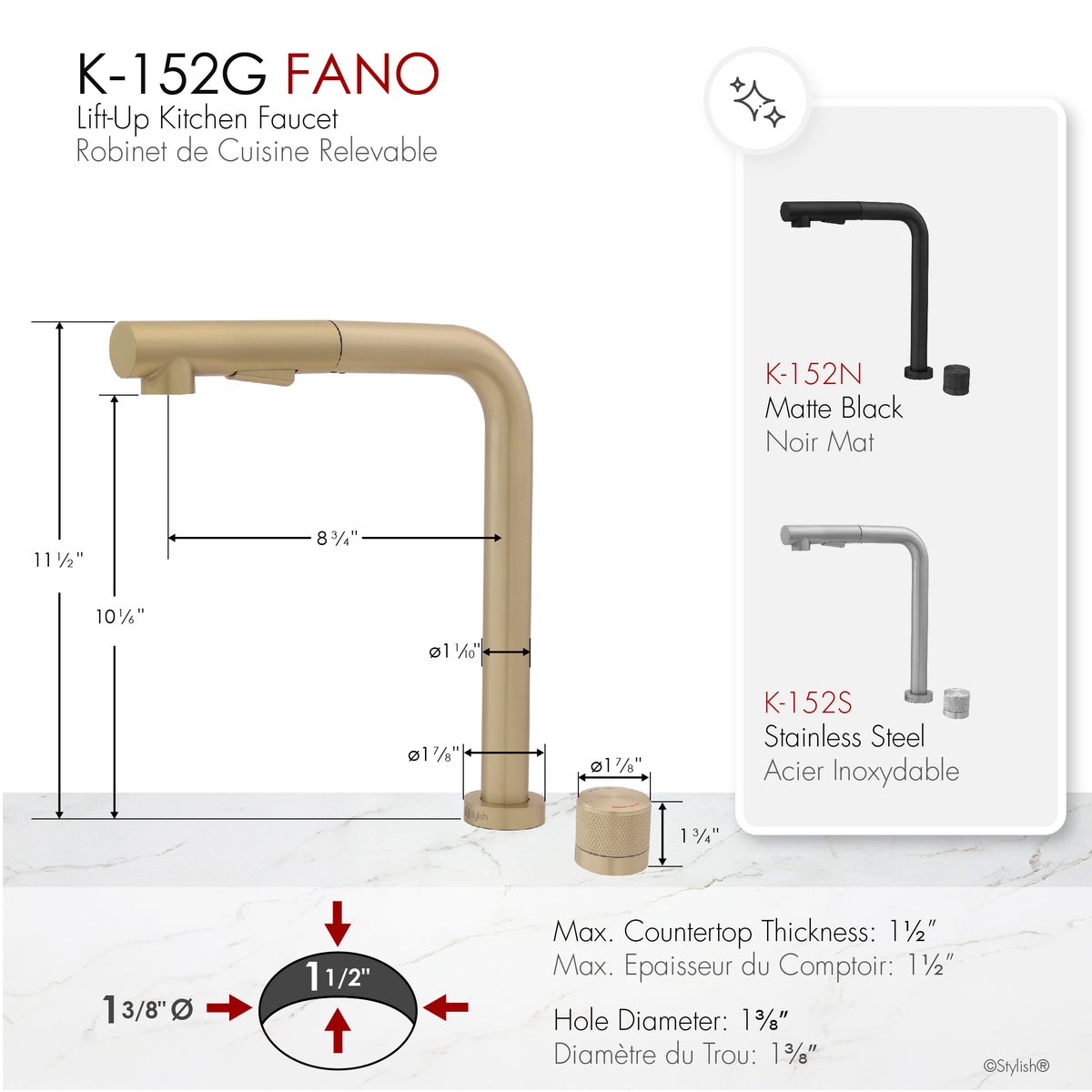 Stylish Fano Single Handle Lift-Up Kitchen Faucet Brushed Gold K-152G