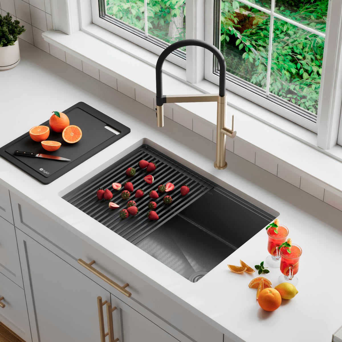 Stylish Onyxo 27" Workstation Single Bowl Undermount 16 Gauge Dura-Tek Kitchen Sink with Black Accessories Included S-727WNK