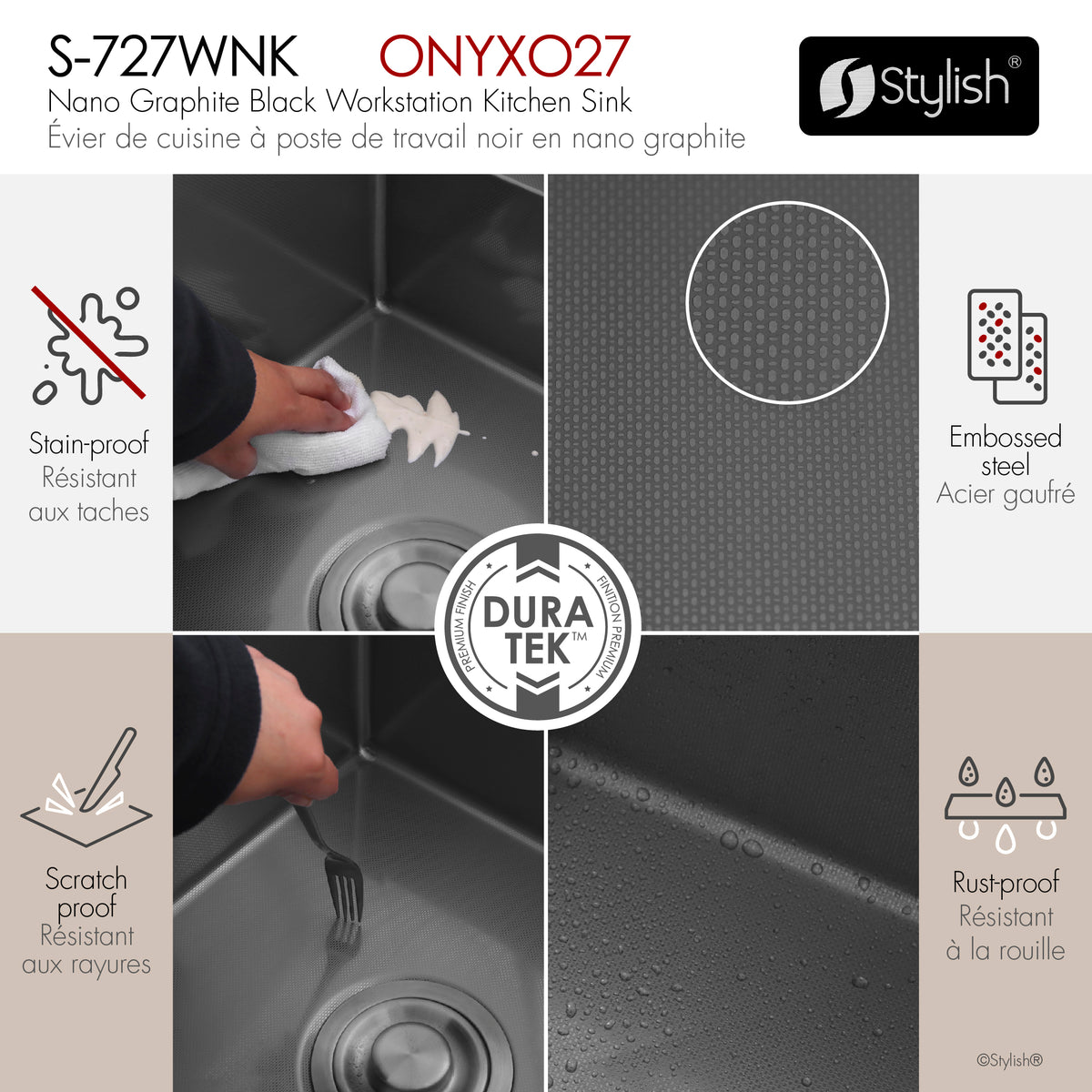Stylish Onyxo 27" Workstation Single Bowl Undermount 16 Gauge Dura-Tek Kitchen Sink with Black Accessories Included S-727WNK