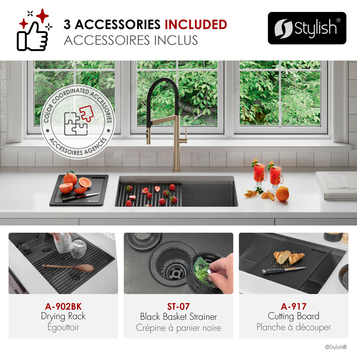 Stylish Onyxo 27" Workstation Single Bowl Undermount 16 Gauge Dura-Tek Kitchen Sink with Black Accessories Included S-727WNK