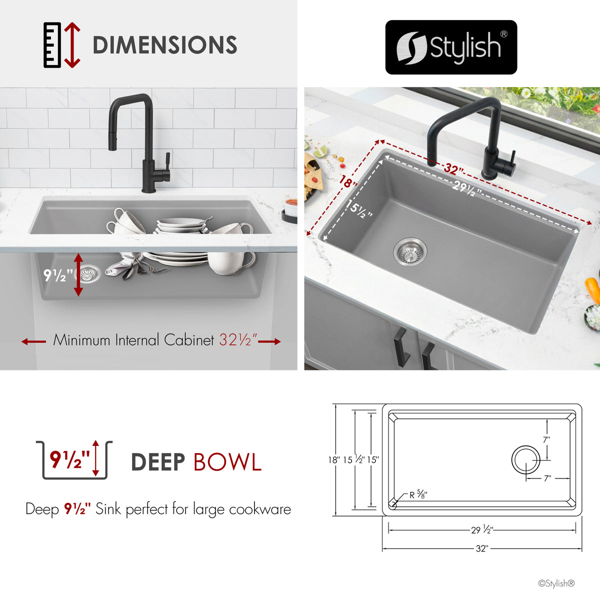 Stylish Canmore 32" Dual Mount Workstation Single Bowl Gray Composite Granite Kitchen Sink with Built in Accessories S-832WLK