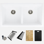 Stylish Banff 33" Dual Mount Workstation Double Bowl White Composite Granite Kitchen Sink with Built in Accessories S-833WHK