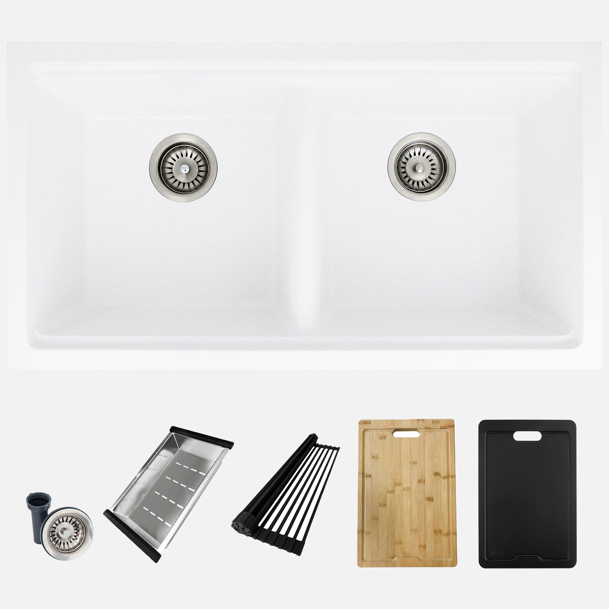Stylish Banff 33" Dual Mount Workstation Double Bowl White Composite Granite Kitchen Sink with Built in Accessories S-833WHK