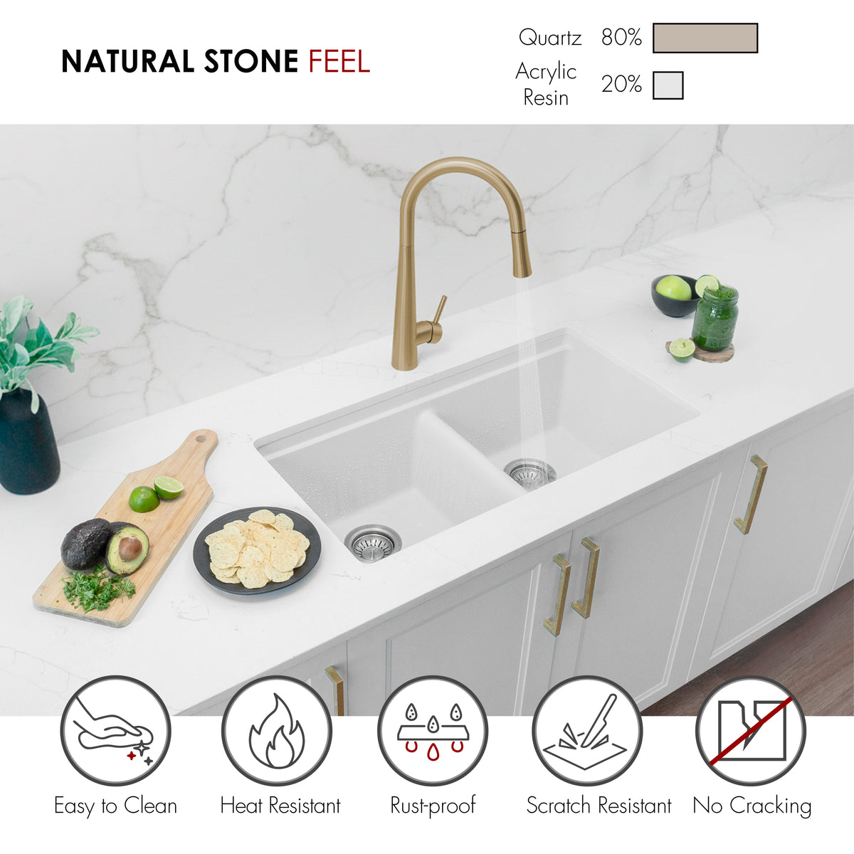 Stylish Banff 33" Dual Mount Workstation Double Bowl White Composite Granite Kitchen Sink with Built in Accessories S-833WHK