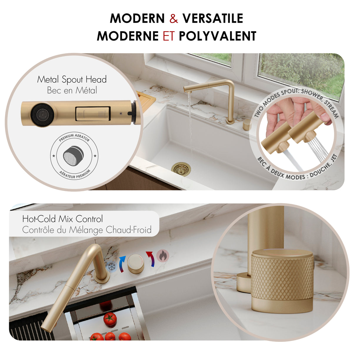Stylish Fano Single Handle Lift-Up Kitchen Faucet Brushed Gold K-152G