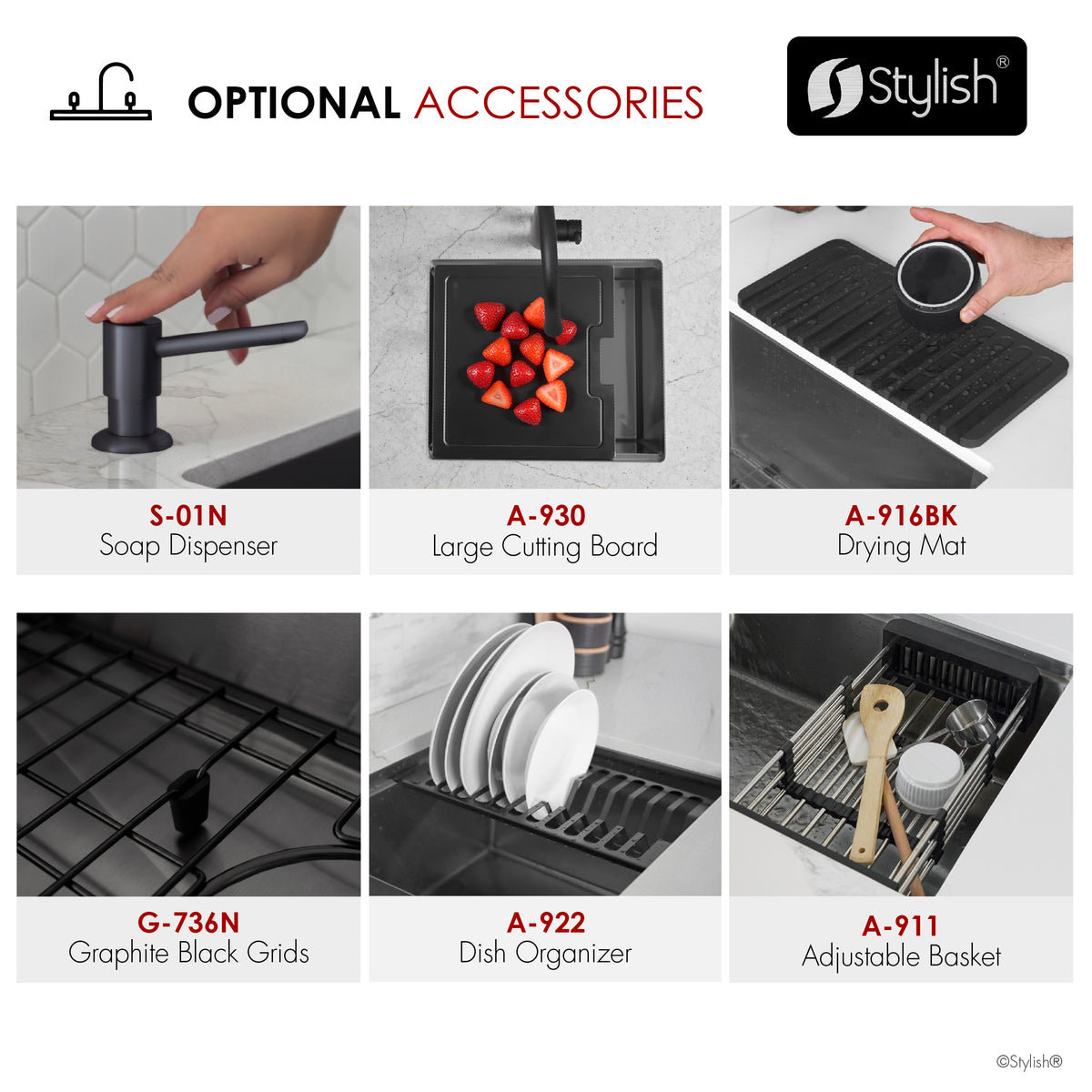 Stylish Onyxo 36" Workstation 60/40 Double Bowl Undermount 16 Gauge Dura-Tek Kitchen Sink with Black Accessories Included S-736WNK
