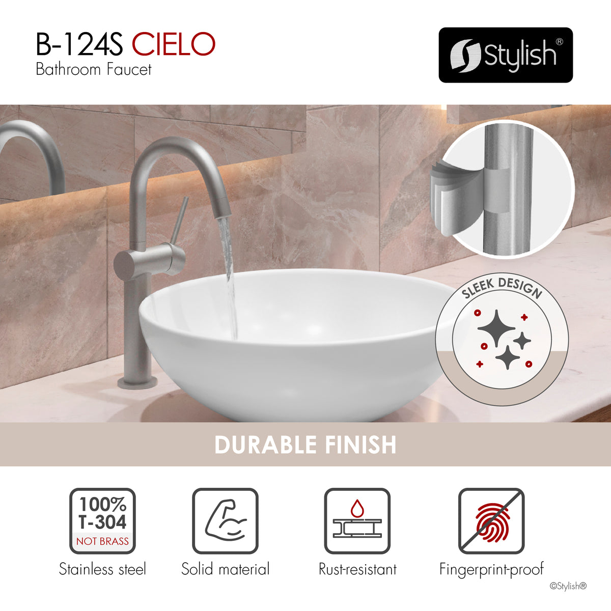 Stylish Cielo Bathroom Faucet Single Handle Stainless Steel B-124S