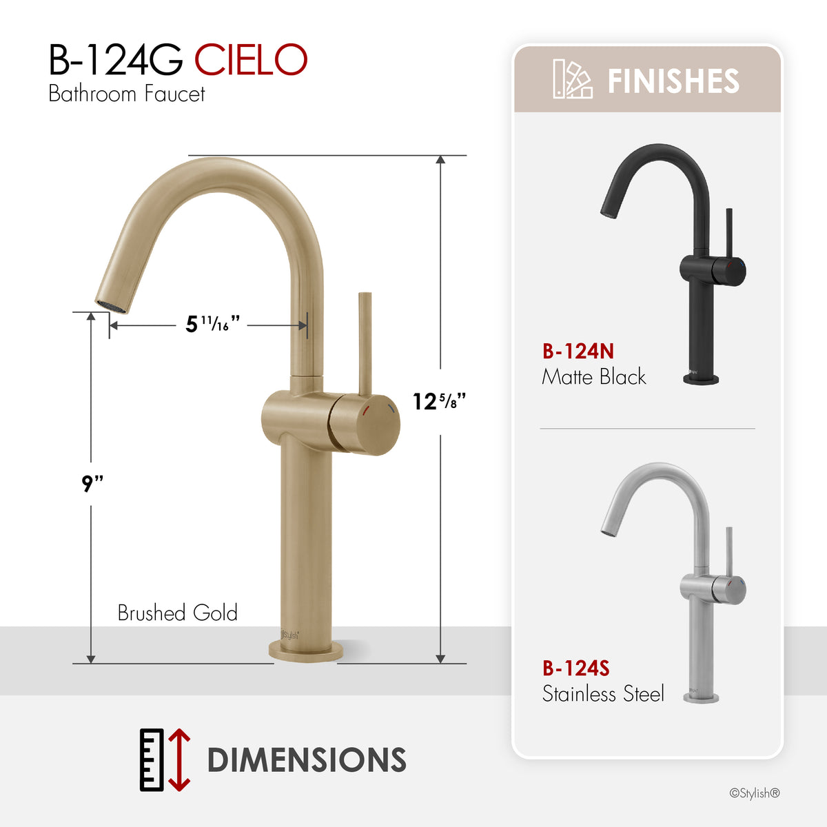 Stylish Cielo Bathroom Faucet Single Handle Brushed Gold B-124G