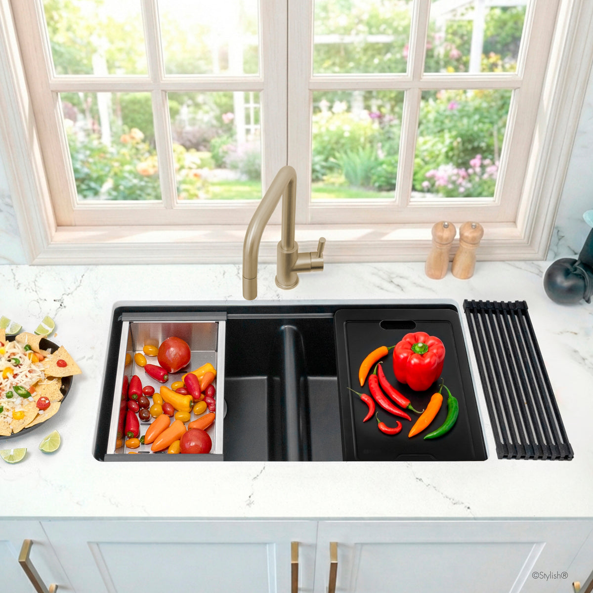 Stylish Banff 33" Dual Mount Workstation Double Bowl Black Composite Granite Kitchen Sink with Built in Accessories S-833WNK