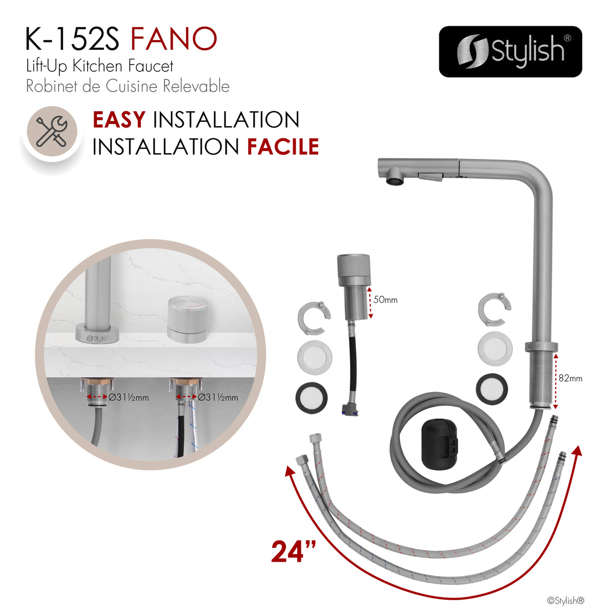 Stylish Fano Single Handle Lift-Up Kitchen Faucet Stainless Steel K-152S