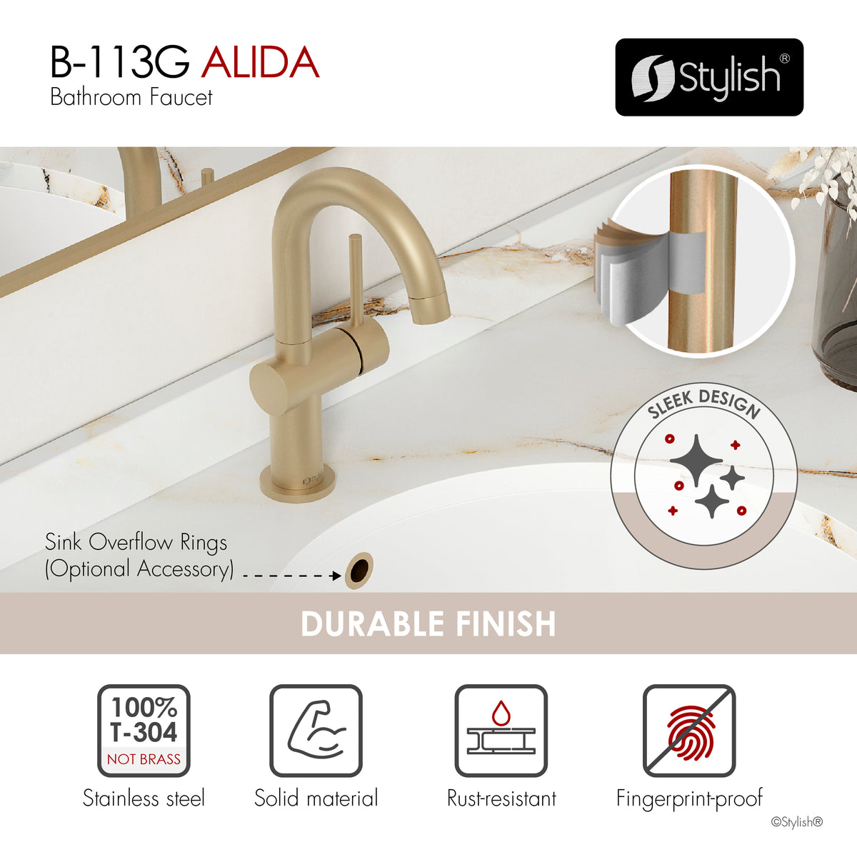 Stylish Alida Bathroom Faucet Single Handle Brushed Gold B-113G