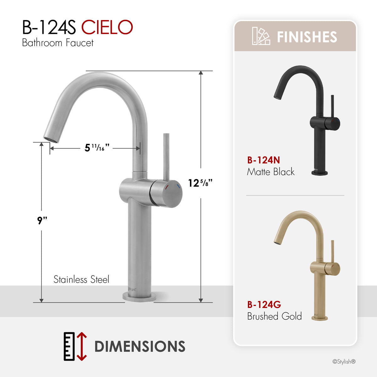 Stylish Cielo Bathroom Faucet Single Handle Stainless Steel B-124S