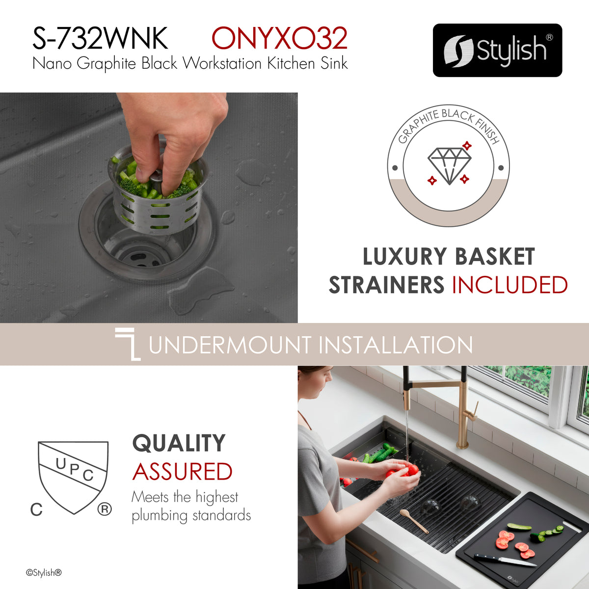 Stylish Onyxo 32" Workstation 50/50 Double Bowl Undermount 16 Gauge Dura-Tek Kitchen Sink with Black Accessories Included S-732WNK