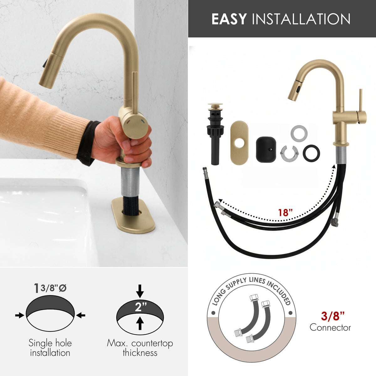 Stylish Aleen Bathroom Faucet Single Handle Brushed Gold B-114G