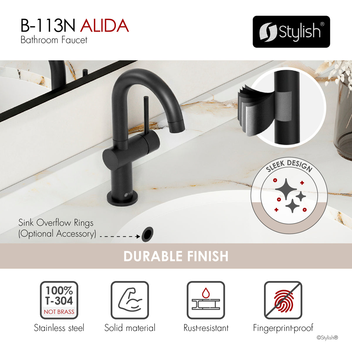 Stylish Alida Bathroom Faucet Single Handle Matte Black B-113N