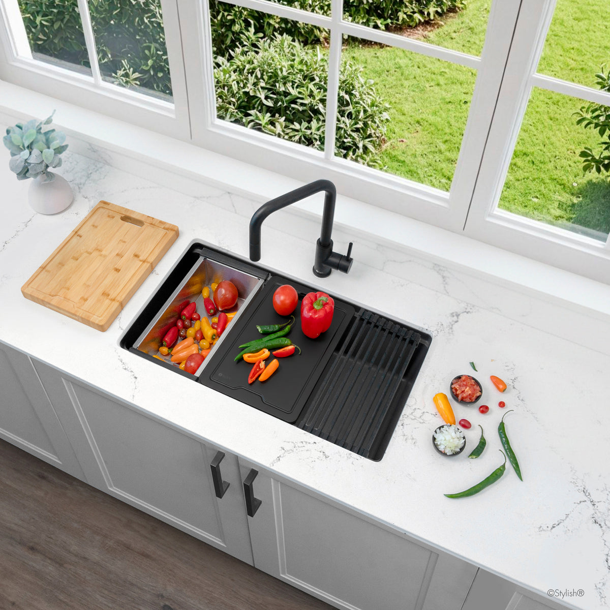 Stylish Canmore 32" Dual Mount Workstation Single Bowl Black Composite Granite Kitchen Sink with Built in Accessories S-832WNK