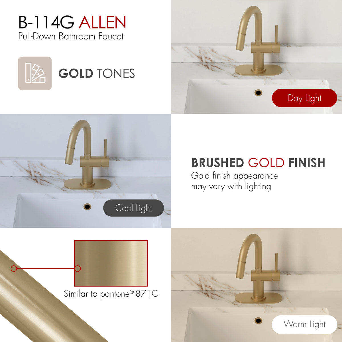 Stylish Aleen Bathroom Faucet Single Handle Brushed Gold B-114G